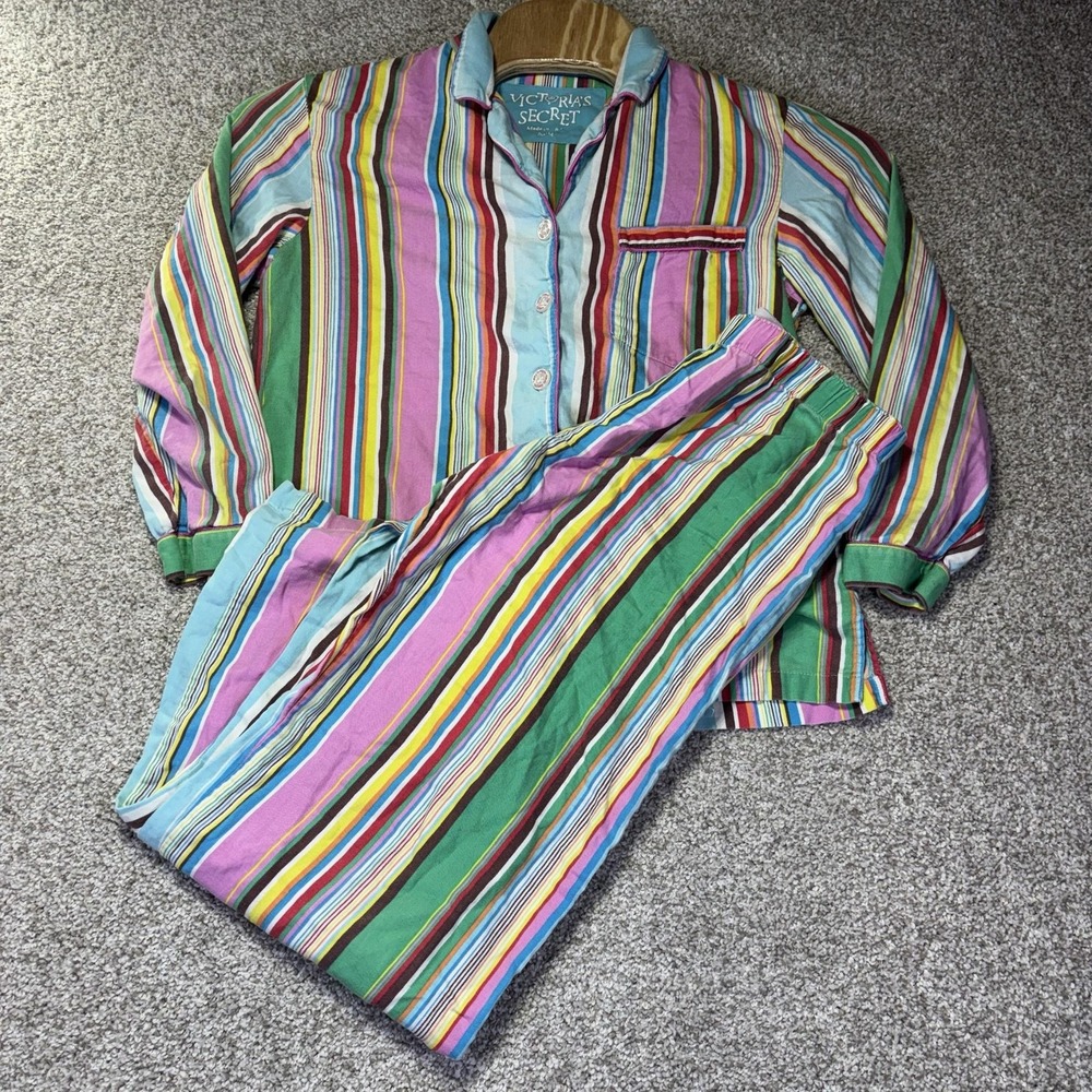 Victoria's Secret Pajama Set Womens Small Multicolor Striped Flannel 21 26990